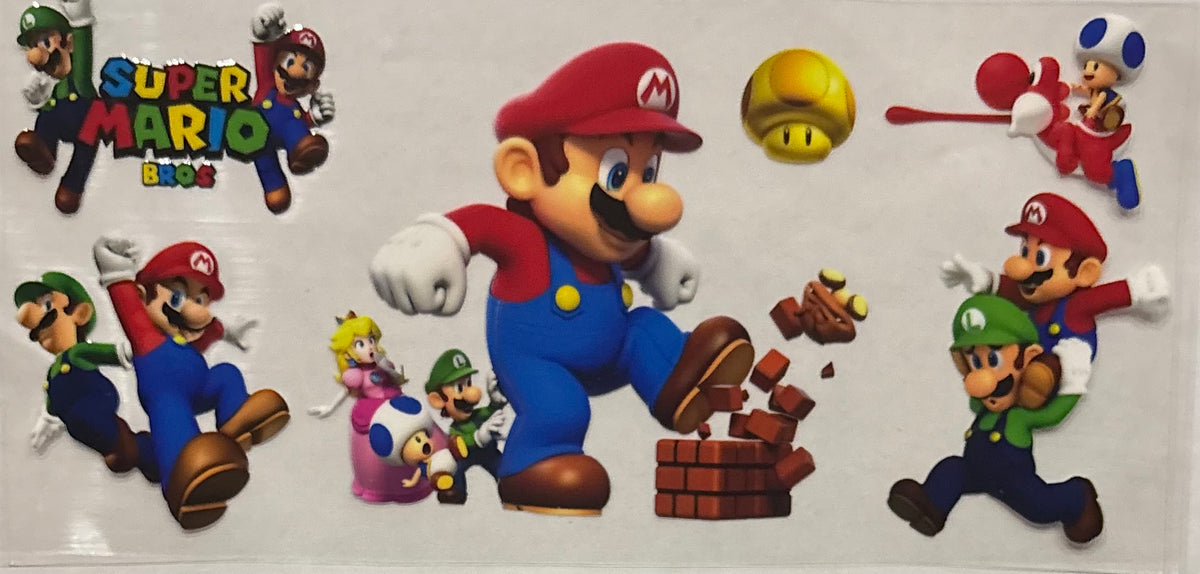 Super Mario Brothers wall decals featuring various characters on a light gray background.