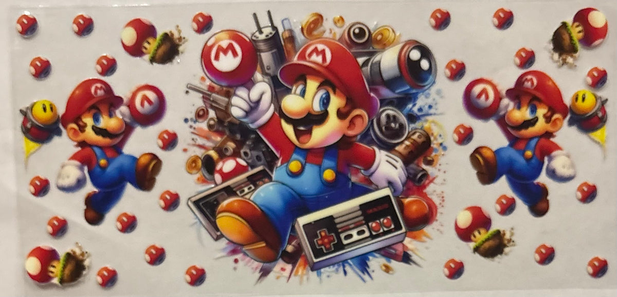 Sticker with Super Mario character holding a game console surrounded by power-ups and enemies.